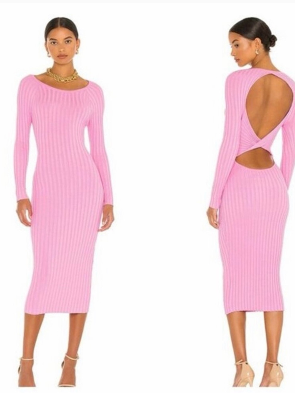 Open-Back Ribbed Long Sleeve Midi Dress in Pink